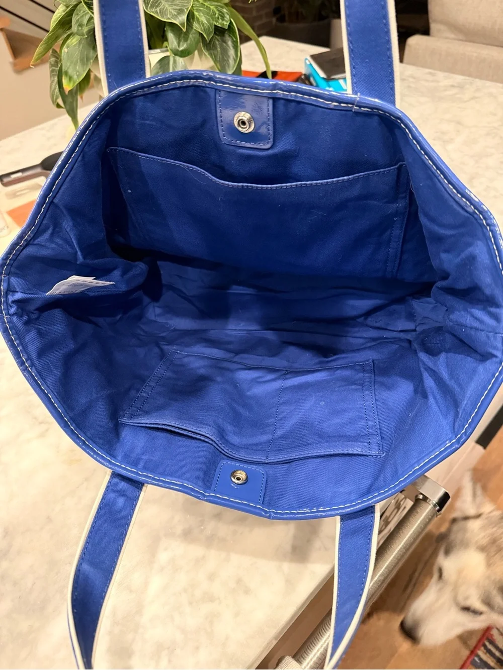Lands’ End Boat Tote Bag with Blue Patent Leather Accents